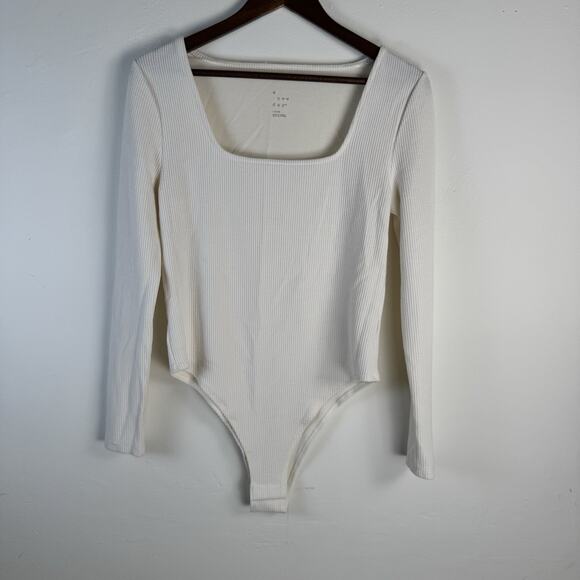 A New Day Ribbed Square Neck Long Sleeve Bodysuit Cream Off White Size Large - Picture 1 of 5